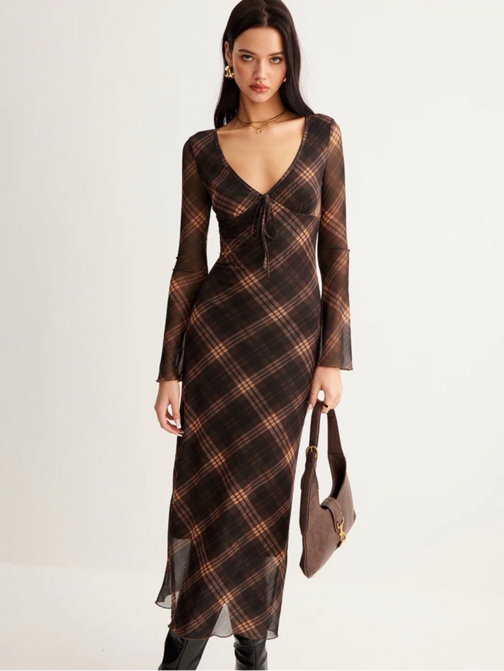 ❌SOLD Commense Brown Plaid Mesh Long-Sleeve Midi Dress